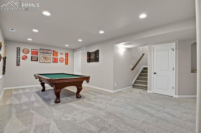 recreation room with light carpet and billiards