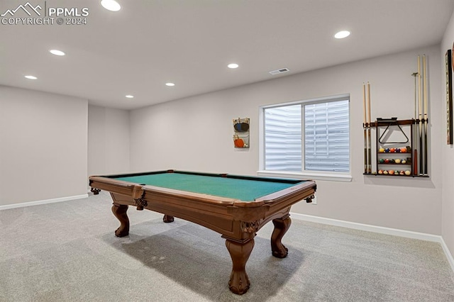 recreation room featuring carpet and billiards