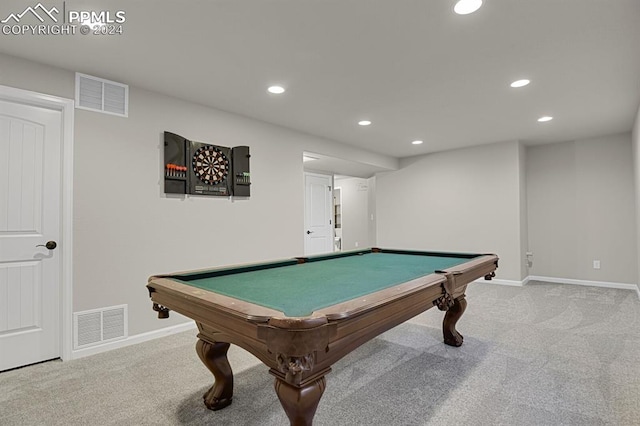 rec room featuring light carpet and billiards