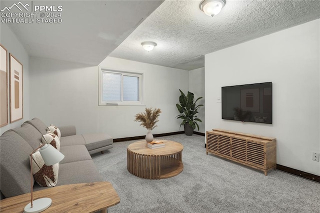 living room with a textured ceiling and carpet floors