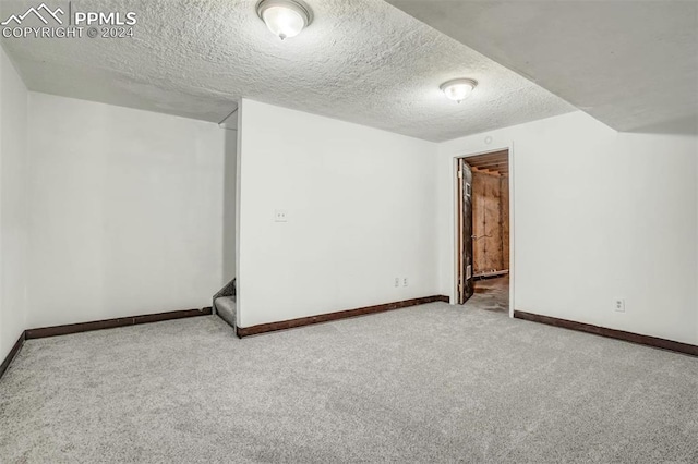 interior space with light carpet and a textured ceiling