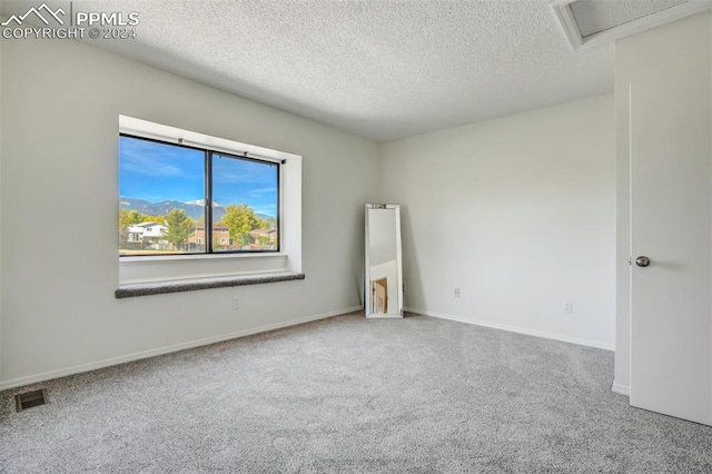 unfurnished room with a textured ceiling and carpet flooring