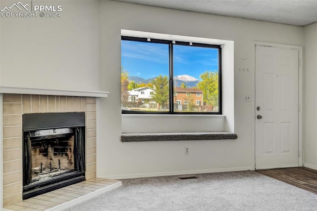 unfurnished living room with a textured ceiling and carpet flooring