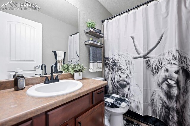 bathroom with a textured wall, toilet, vanity, a textured ceiling, and a shower with curtain