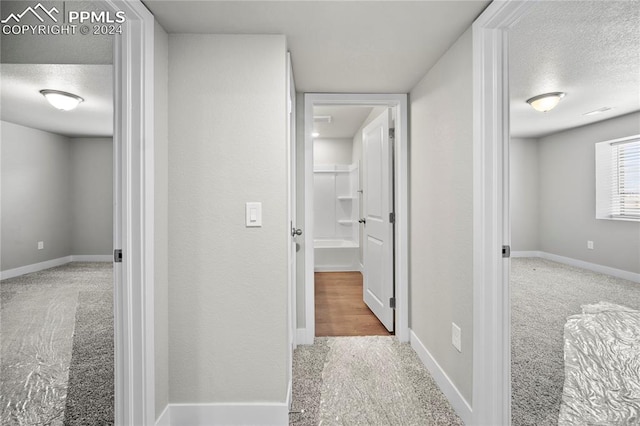 hall featuring light carpet and a textured ceiling