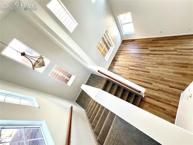 staircase featuring a towering ceiling and hardwood / wood-style flooring