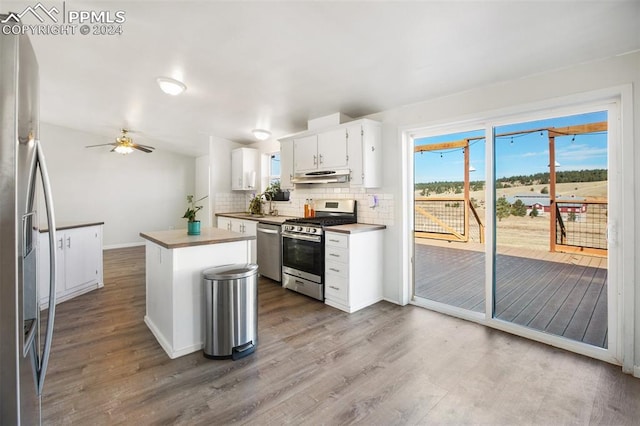 kitchen featuring under cabinet range hood, stainless steel appliances, wood finished floors, and tasteful backsplash