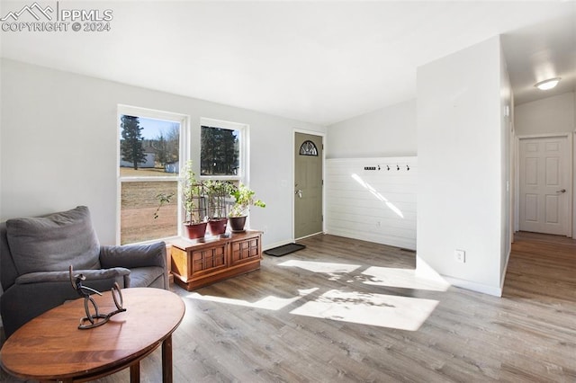 foyer entrance with baseboards, wood finished floors, and vaulted ceiling