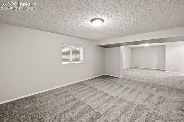 basement with carpet and a textured ceiling