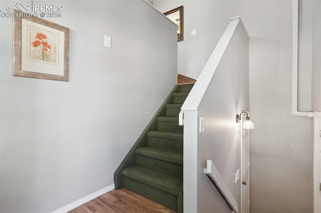 stairway with hardwood / wood-style floors