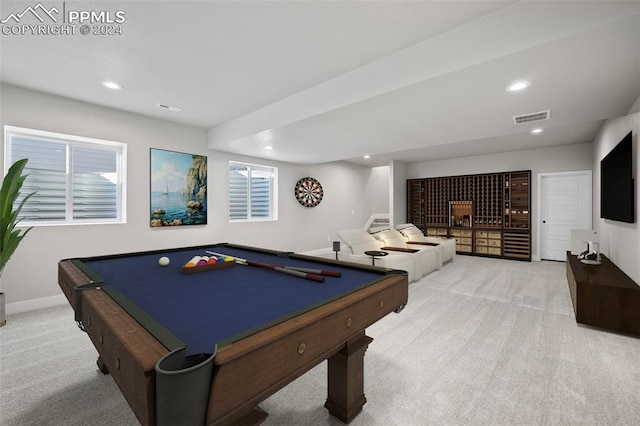 rec room featuring light colored carpet and billiards