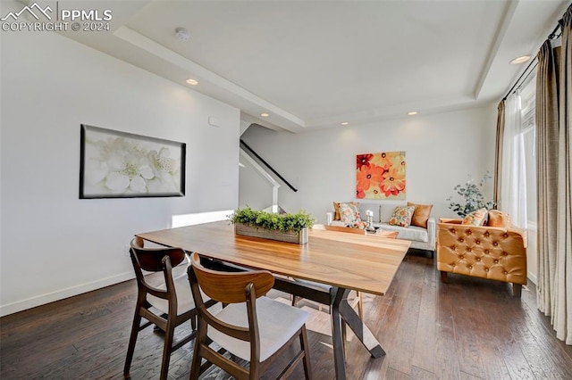 dining room featuring dark wood-type flooring and a raised ceiling