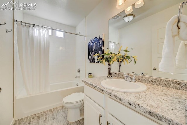 full bathroom featuring toilet, shower / bathtub combination with curtain, vanity, and wood-type flooring