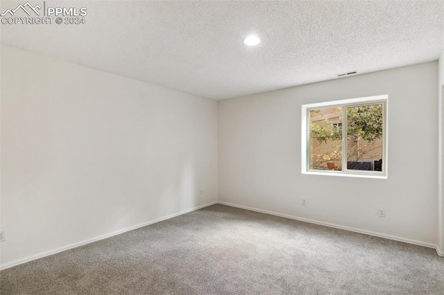 empty room with a textured ceiling and carpet flooring