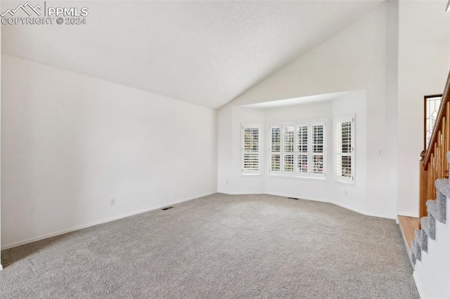 empty room with carpet floors and high vaulted ceiling