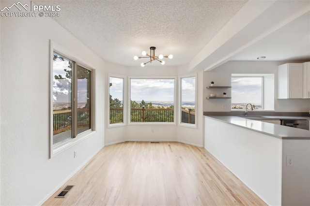 interior space with light hardwood / wood-style floors, a textured ceiling, a chandelier, and sink