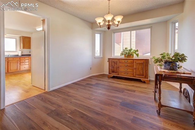 unfurnished dining area featuring hardwood / wood-style floors, a textured ceiling, and an inviting chandelier