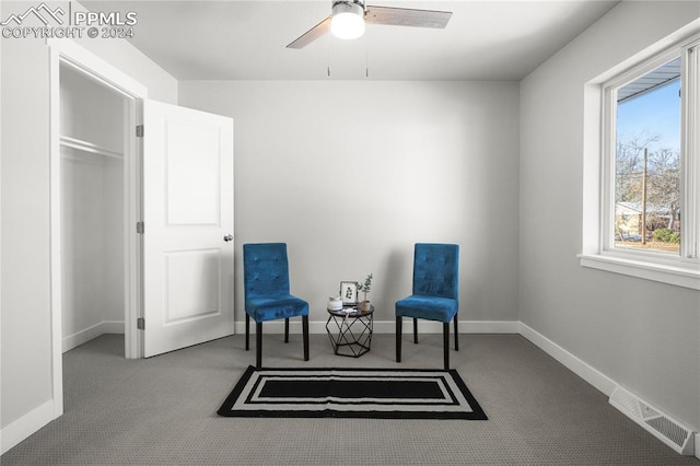 living area with carpet and ceiling fan