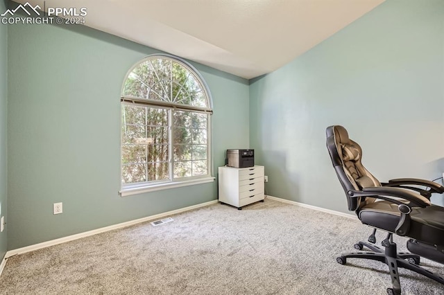 carpeted office featuring vaulted ceiling