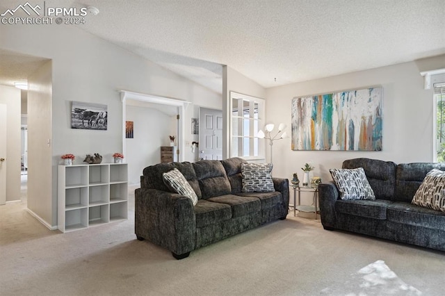 carpeted living room featuring a textured ceiling and lofted ceiling