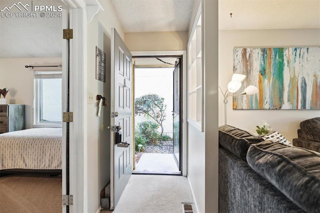 entryway featuring carpet flooring and a textured ceiling