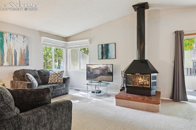 carpeted living room featuring lofted ceiling, a textured ceiling, and a wood stove