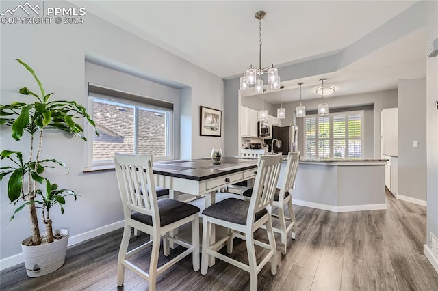 dining area featuring a notable chandelier and hardwood / wood-style floors