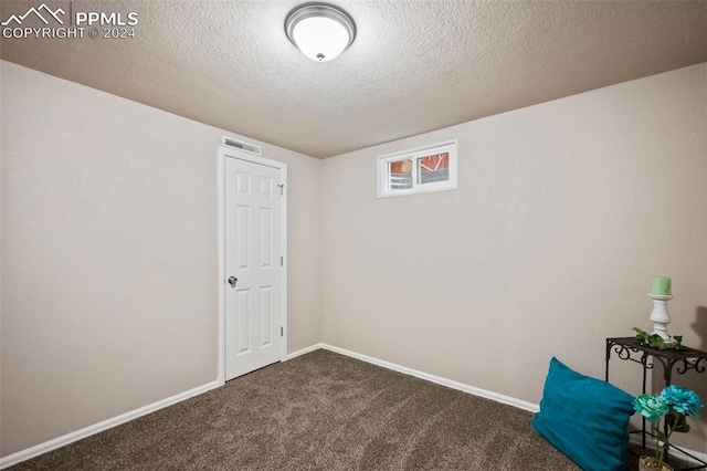 basement featuring dark colored carpet and a textured ceiling