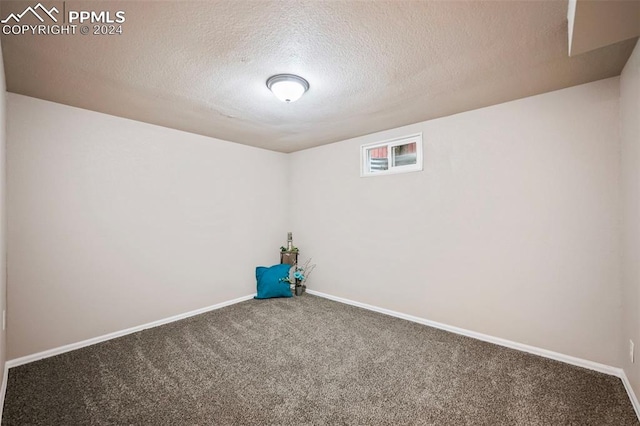 basement featuring a textured ceiling and carpet floors