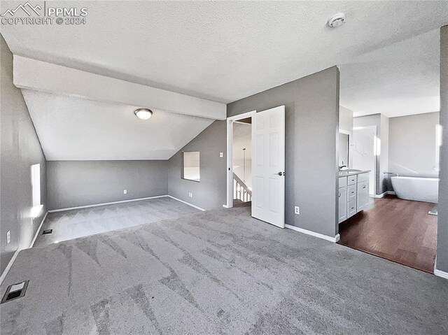 additional living space with a textured ceiling, lofted ceiling, and carpet floors