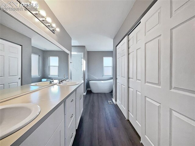 bathroom featuring vanity, wood-type flooring, and a bath