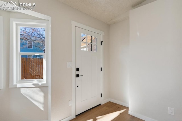 foyer featuring a textured ceiling and hardwood / wood-style flooring