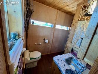 bathroom with sink, wood ceiling, and toilet