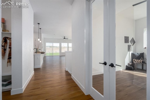 hallway with dark wood-type flooring