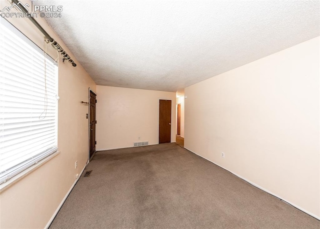 unfurnished room featuring a textured ceiling and carpet