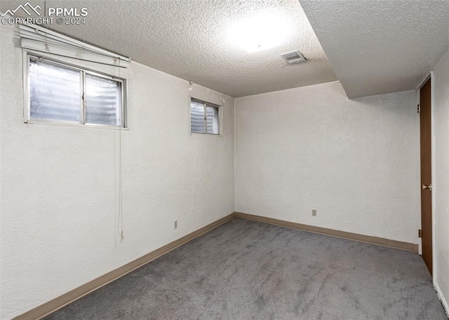 basement featuring carpet and a textured ceiling