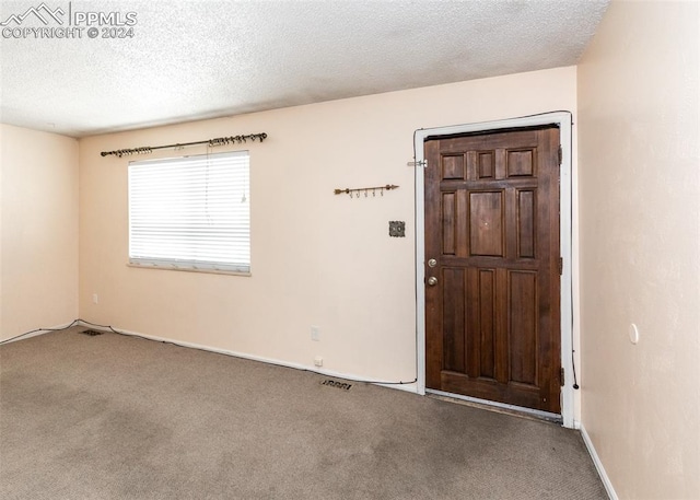 entrance foyer with a textured ceiling and carpet floors