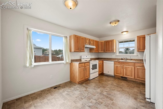 kitchen with dark stone countertops, sink, and white appliances