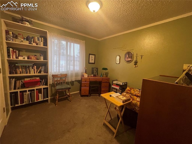 office featuring crown molding, a textured ceiling, and carpet floors