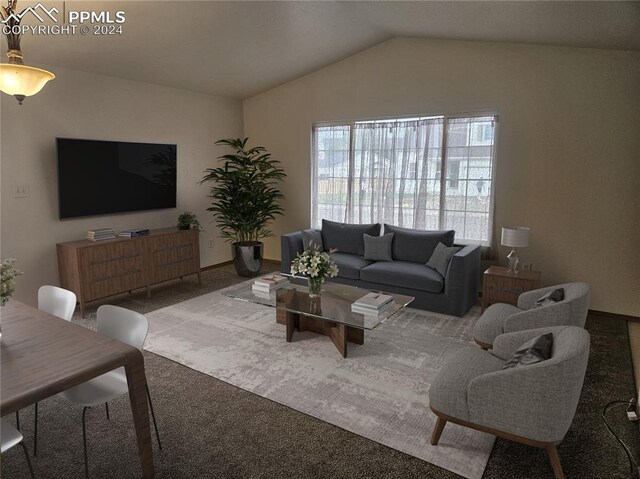 living room with lofted ceiling and carpet flooring