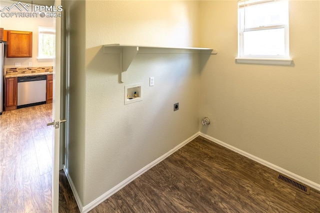 washroom featuring electric dryer hookup, washer hookup, and wood-type flooring