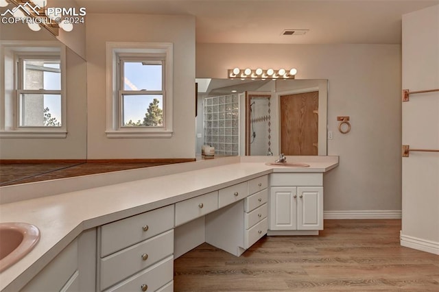 bathroom with vanity, hardwood / wood-style floors, and a wealth of natural light