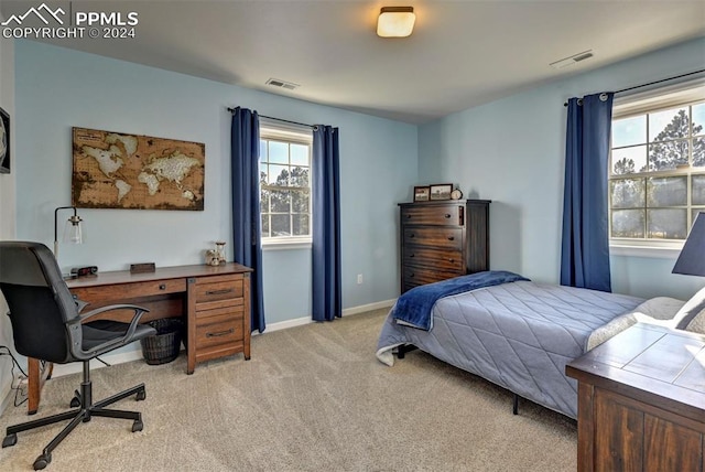 bedroom featuring light colored carpet