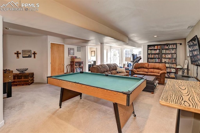 recreation room with pool table and light colored carpet