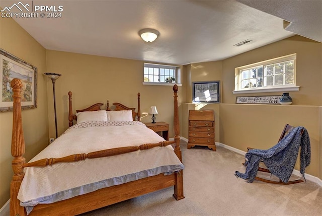 carpeted bedroom featuring multiple windows