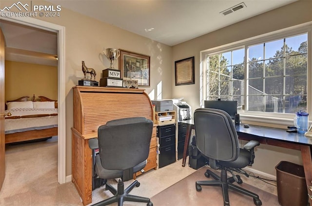 home office featuring light carpet