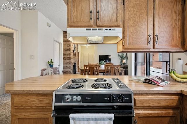 kitchen with stainless steel electric range, carpet floors, and kitchen peninsula