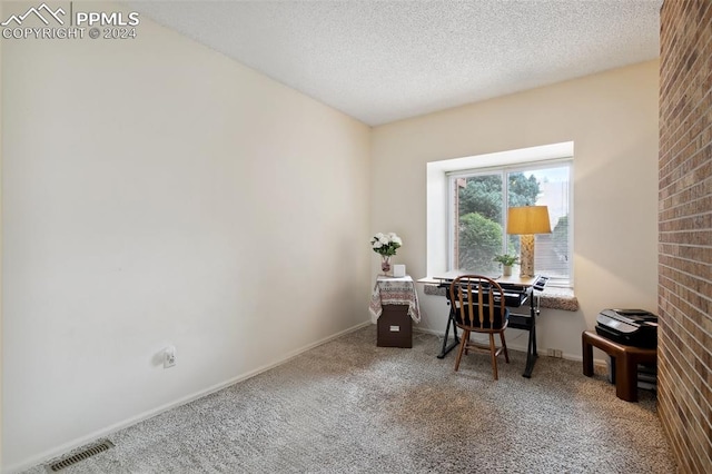 home office with carpet and a textured ceiling