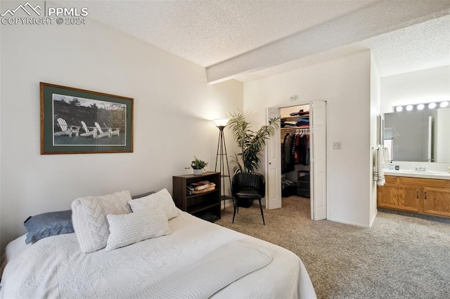 carpeted bedroom with a walk in closet, a textured ceiling, ensuite bathroom, a closet, and sink