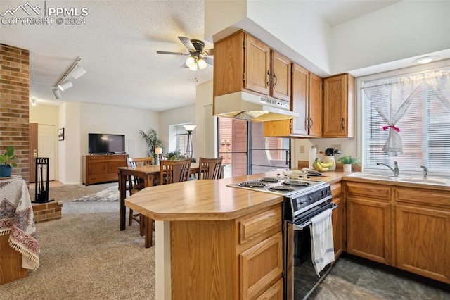 kitchen featuring track lighting, dark colored carpet, kitchen peninsula, sink, and electric range